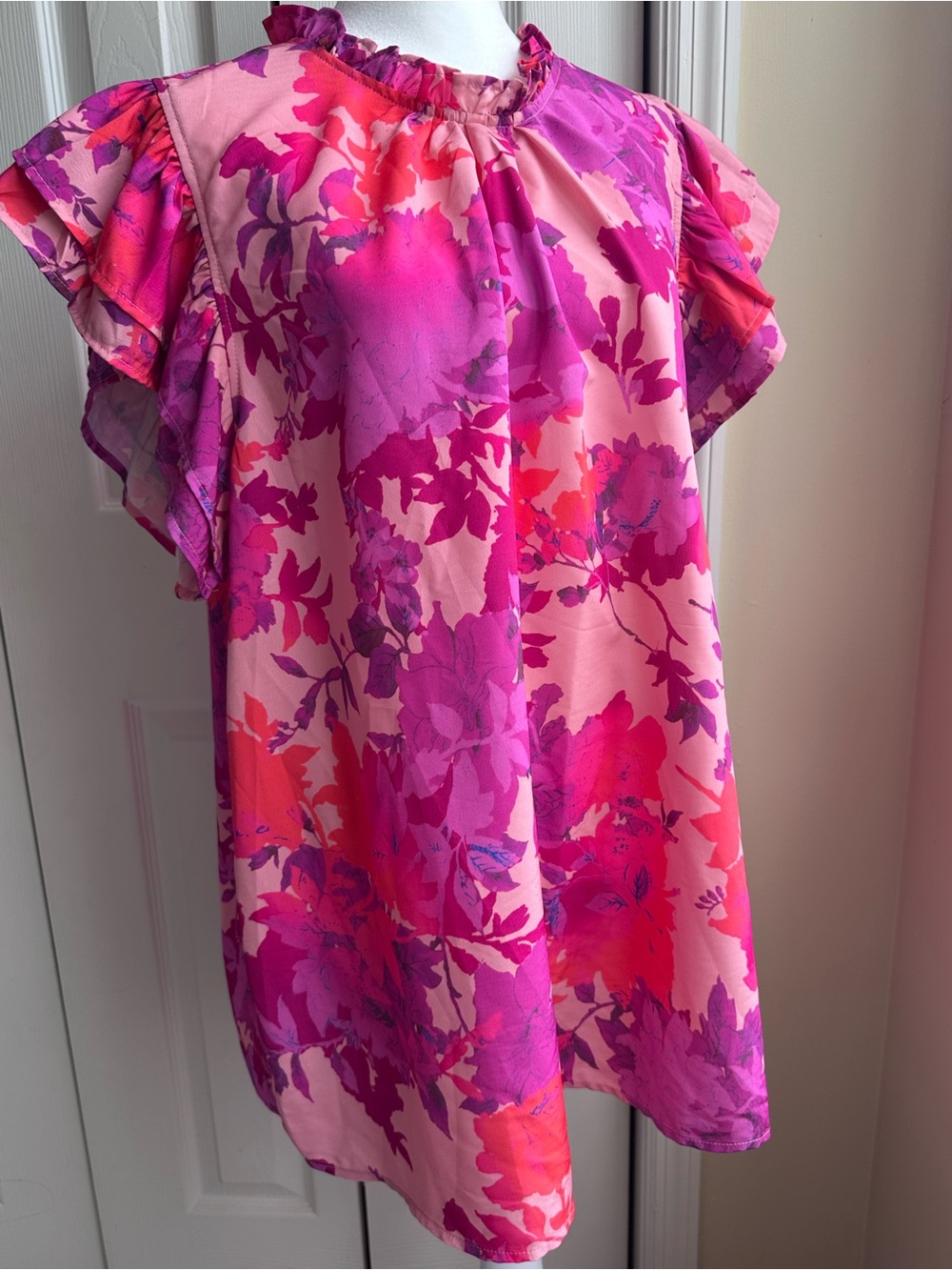 entro Pink and Purple Floral Ruffle Sleeve Blouse